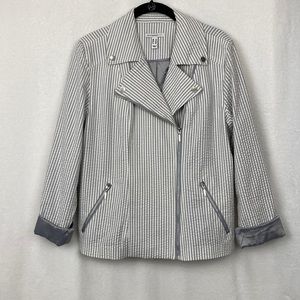 Isaac Mizrahi Live Women’s Gray & White Stripe Seersucker Moto Jacket sz 10